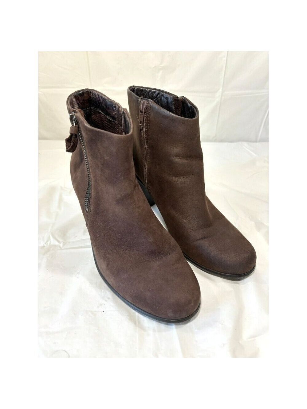 Ecco Sculptured Ankle Boots Brown Nubuck Leather Comfort Zip Heel Bootie